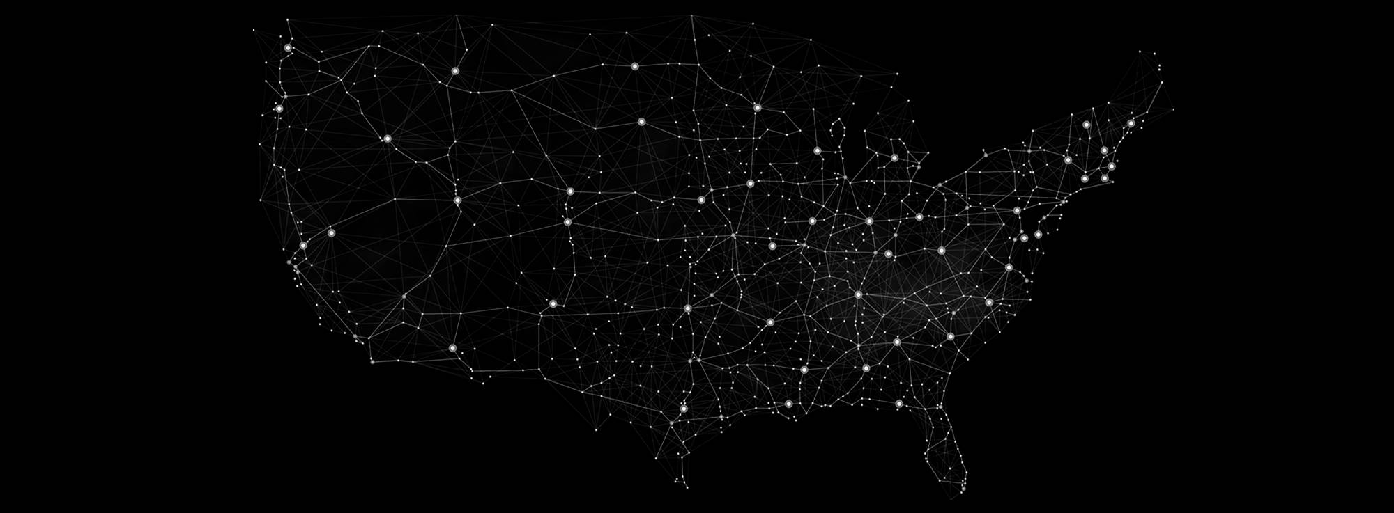 Stylized map of the continuous United States. The map is made of white lines and is placed on a black background. 