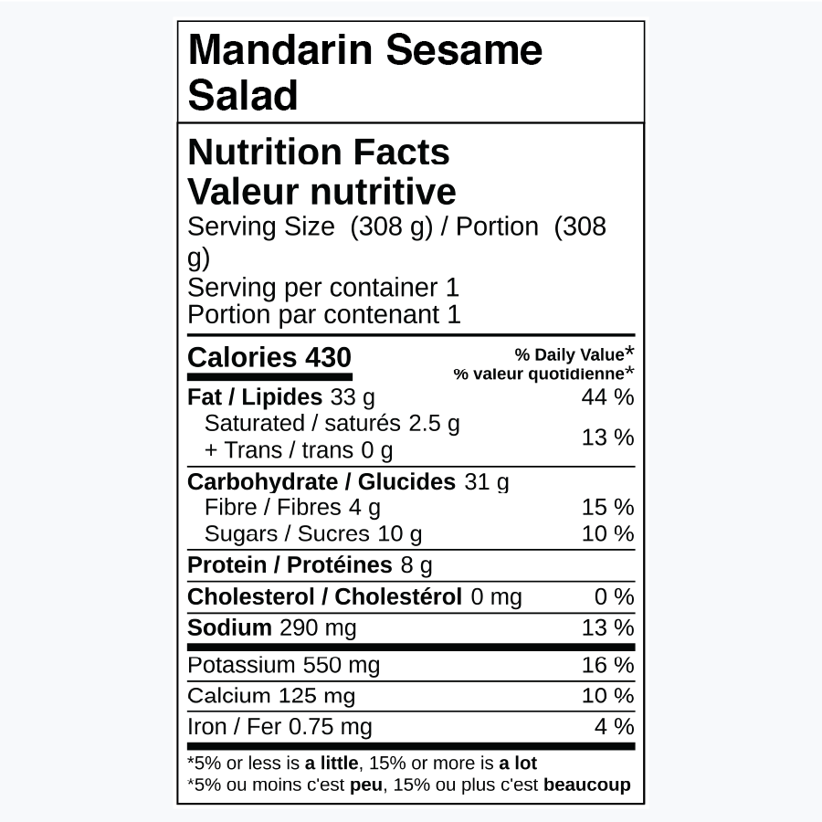 Nutrition facts for Mandarin Sesame Salad including calories and nutrient breakdown.