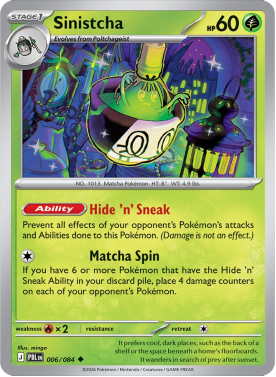 Pokémon card featuring Sinistcha with abilities and stats.