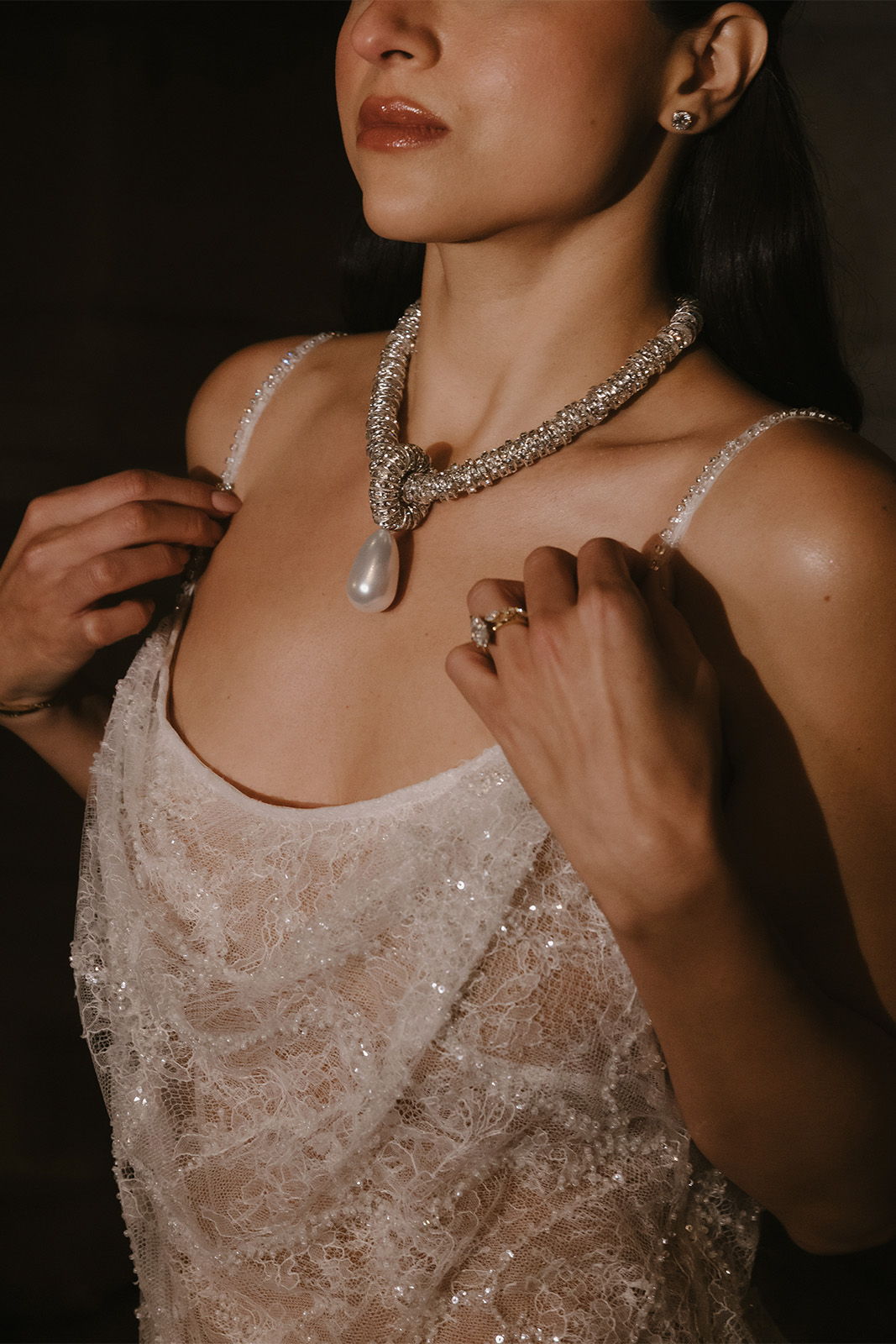 Detailed image of a brides second look, sequin wedding dress 