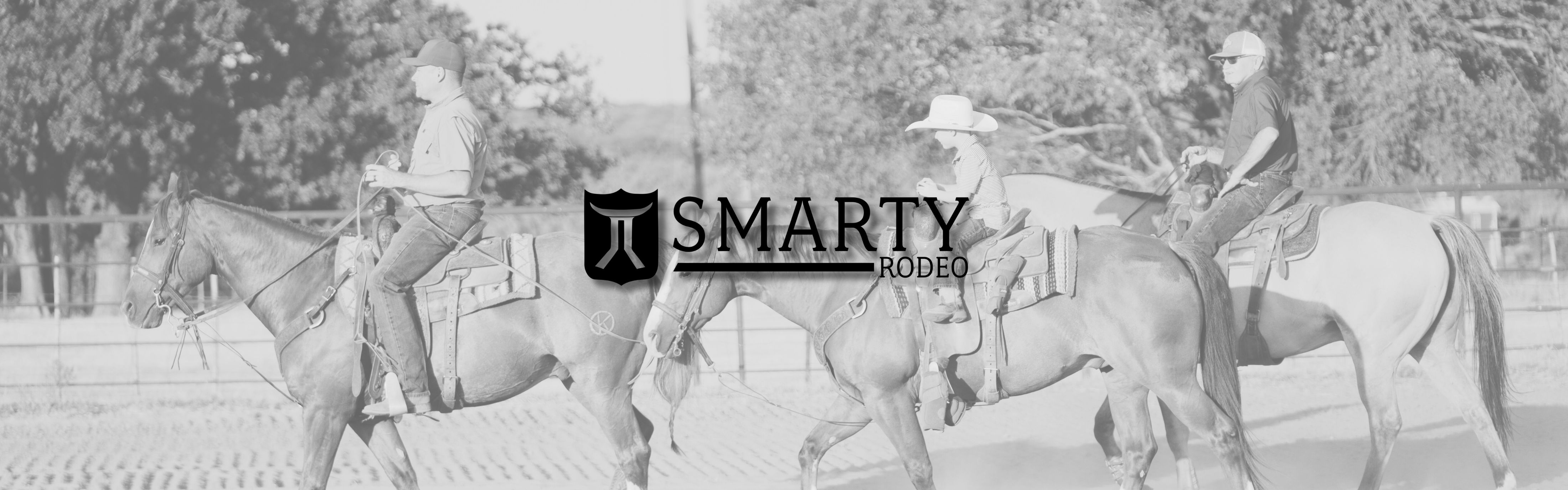 Two riders on horseback in a grassy area, logo in the center.
