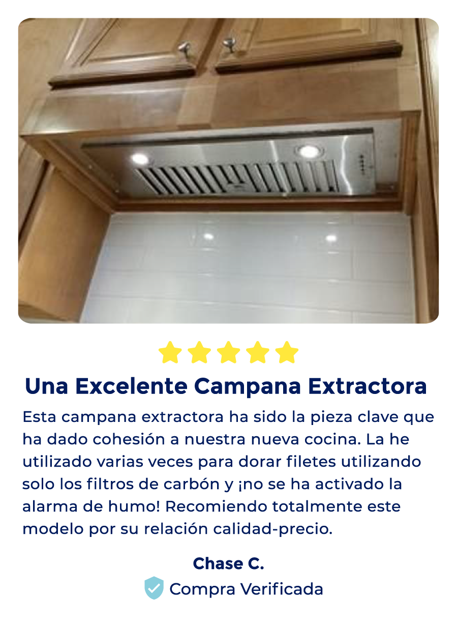 Reseña - Una Excelente Campana Extractora: Esta campana extractora ha sido la pieza clave que ha dado cohesión a nuestra nueva cocina. La he utilizado varias veces para dorar filetes utilizando solo los filtros de carbón y ¡no se ha activado la alarma de humo! Recomiendo totalmente este modelo por su relación calidad-precio. Chase C., Compra Verificada