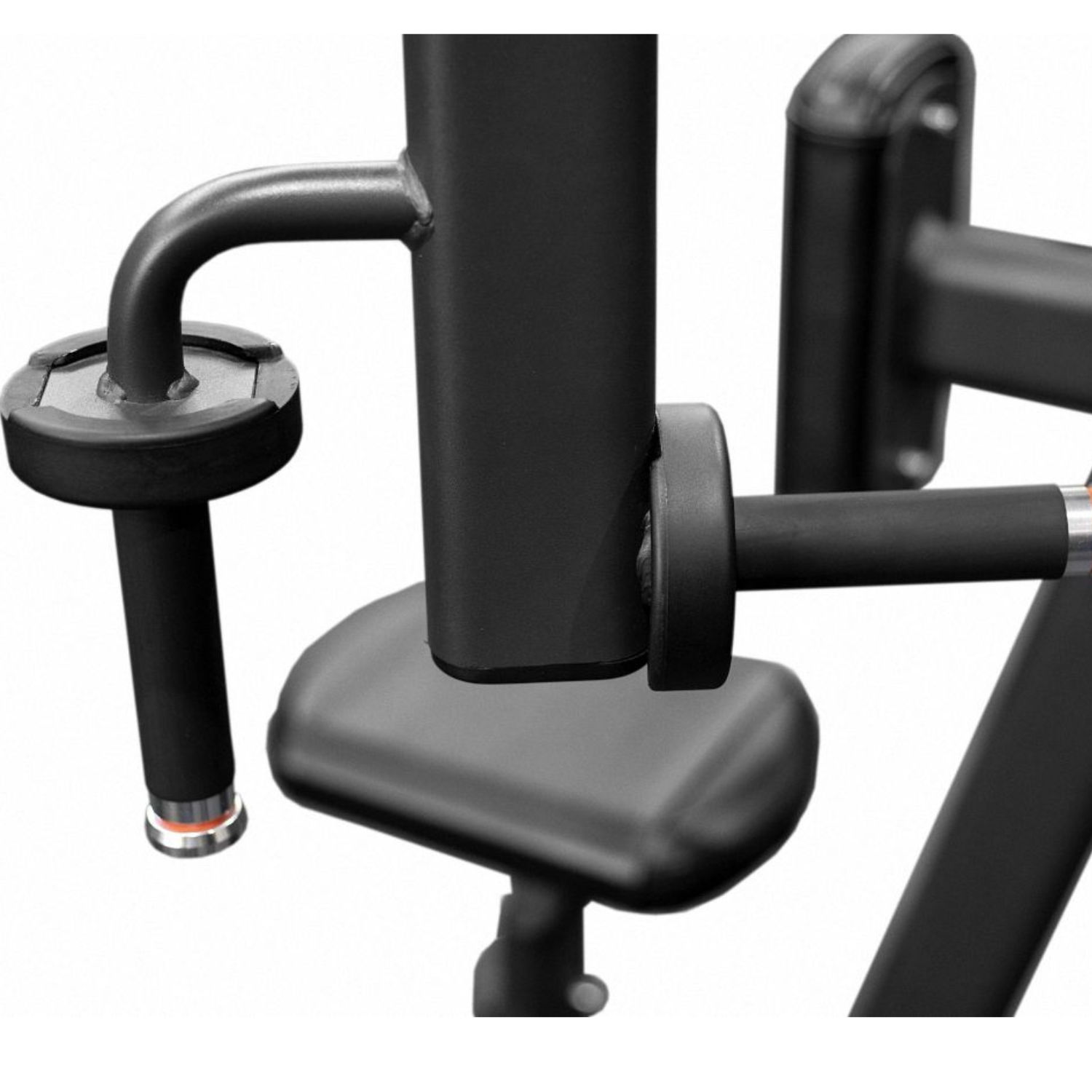 Close-up of a black gym equipment component with handles.