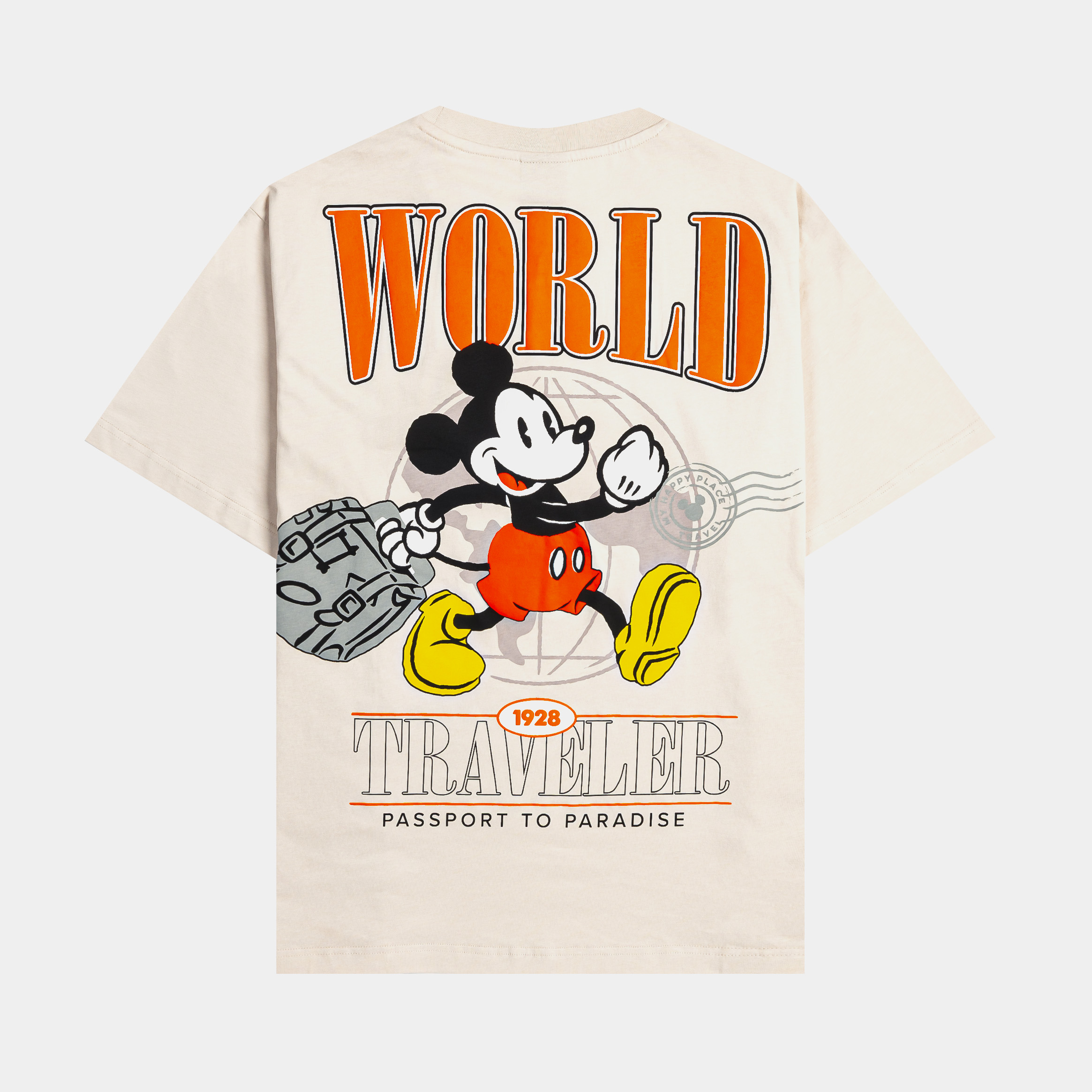 Beige t-shirt with a colorful graphic print on the front.