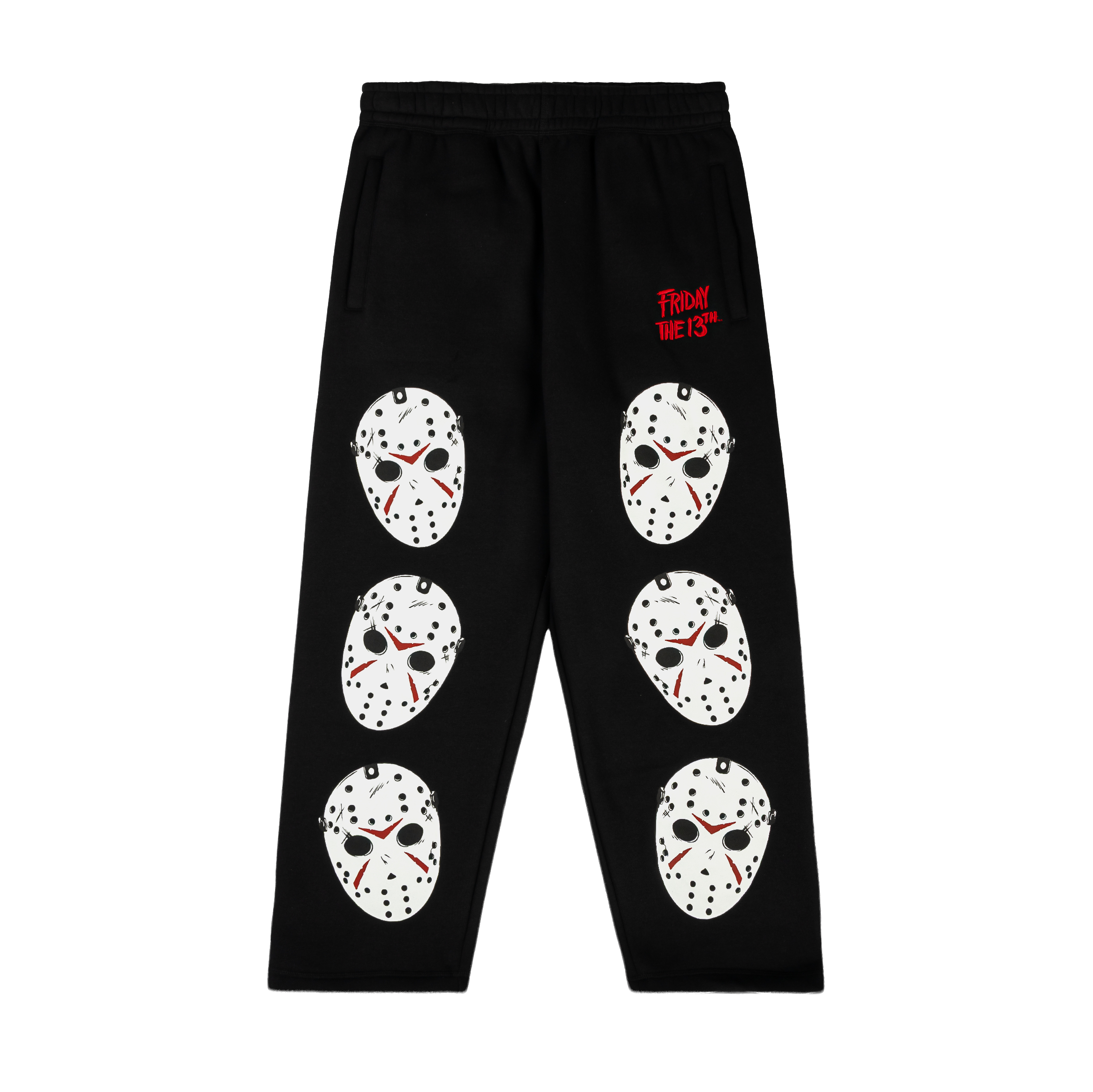 Black pants with white skull graphics and red text.