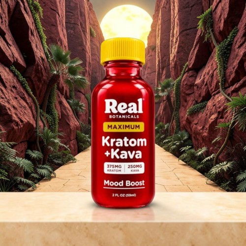 Bottle of Kratom and Kava with a glowing background.