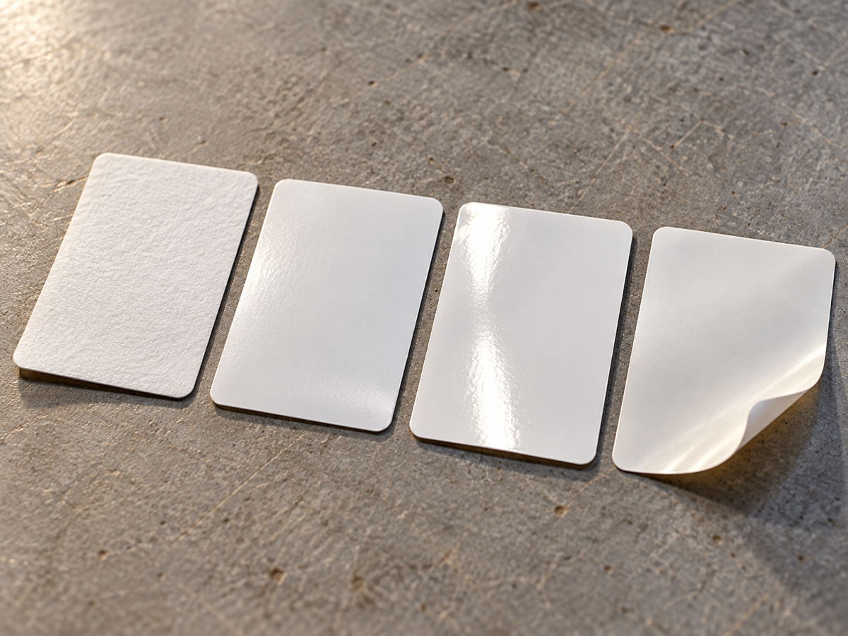 Paper, polypropylene, polyester, and vinyl label facestocks side by side under raking light.