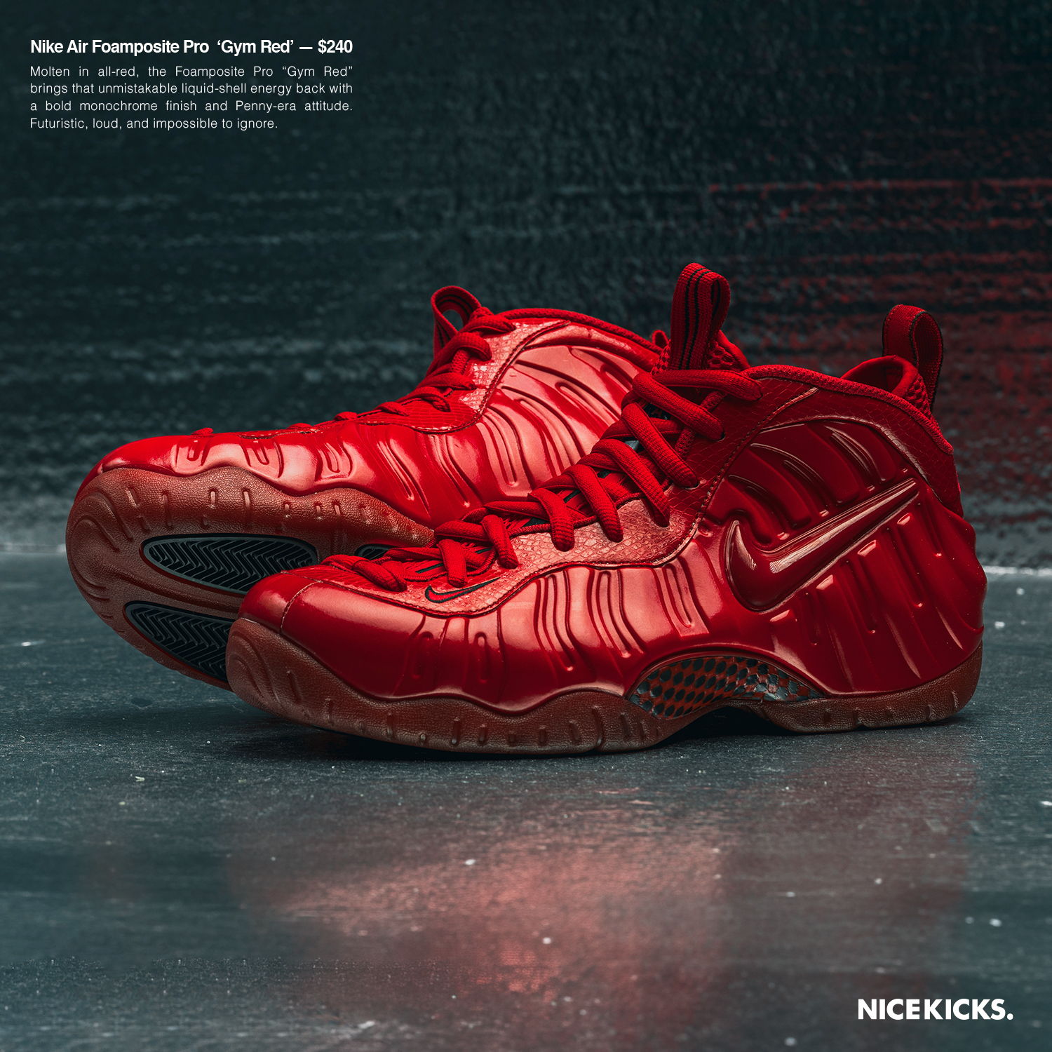 Red Nike Foamposite Pro sneakers on a textured background.