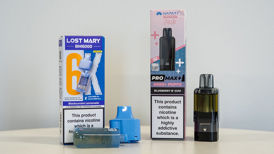 Lost Mary BM6000 refill pods and Hayati Pro Max Plus pods displayed with their packaging