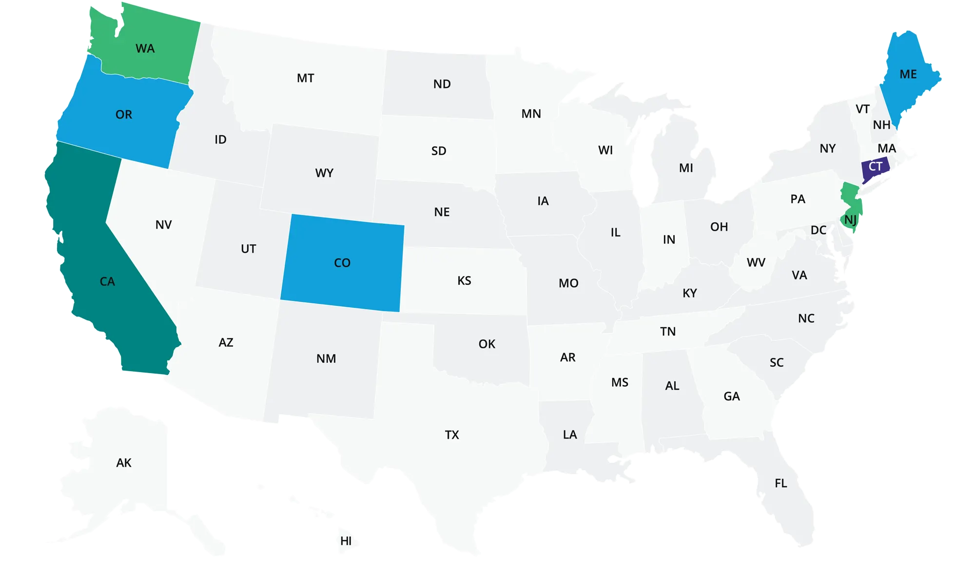 U.S. map of states with PCR packaging, EPR packaging, and bottle bills