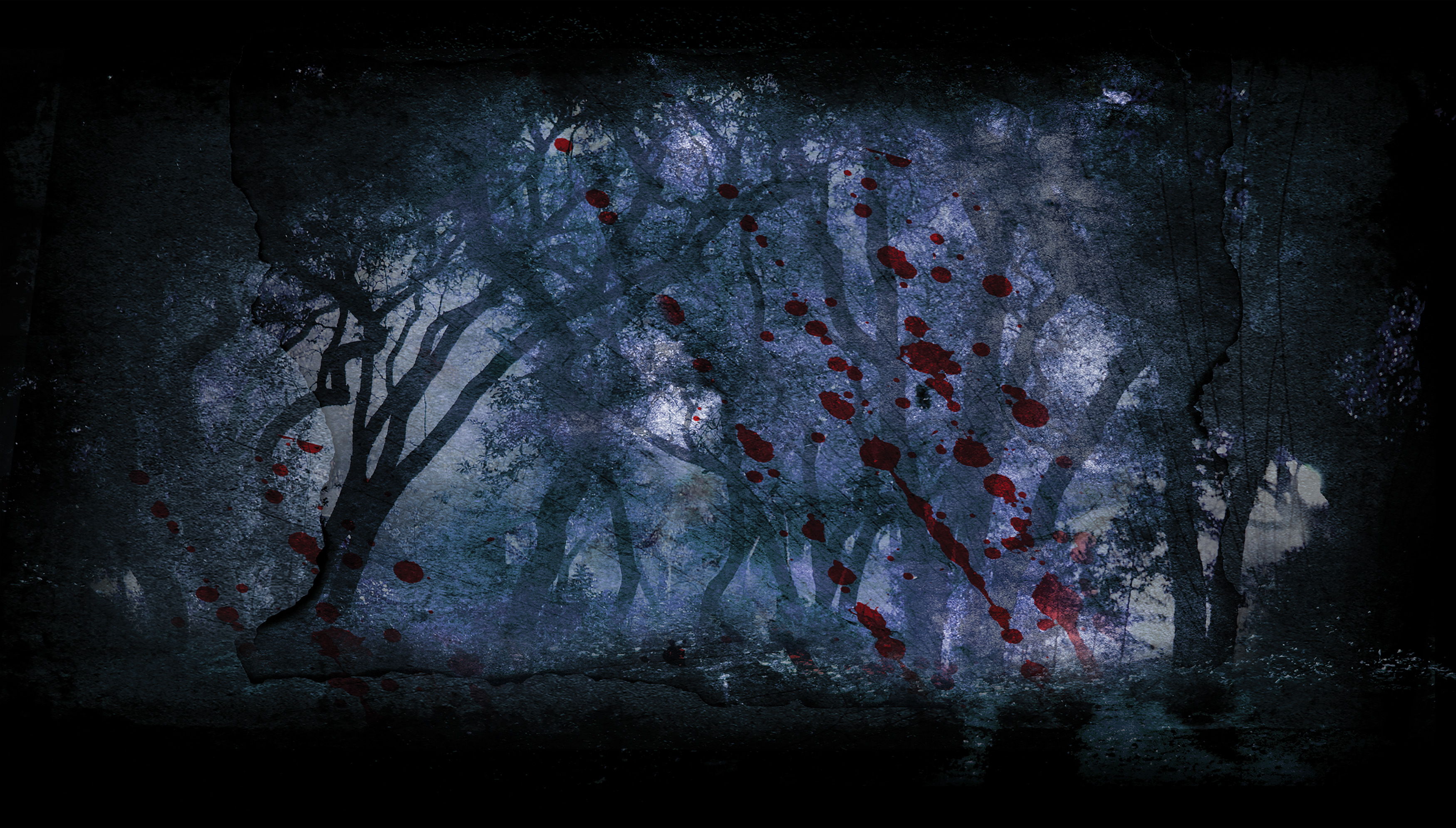 Dark forest scene with blue hues and scattered red leaves.