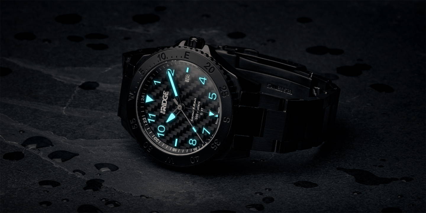 view of night mode feature of the Ridge Land & Sea GMT Watch 