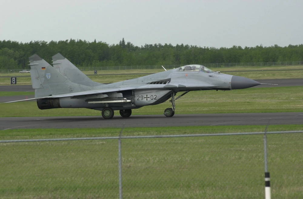 A German Air Force MIG-29 takes off from Canadian Air Force Base Cold Lake on June 6, 2001 during Maple Flag Air Exercise 2001. U.S. Air National Guard photo Technical Sgt. Vincent De Groot 185th Fighter Wing