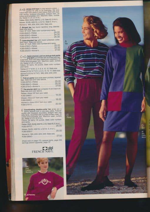 JCPenney Fall/Winter 1991 – this mock-neck top is color-blocked and screaming “I’m from the ’90s!” so loudly, we can hear it almost thirty years later. We love how the skirt matches perfectly.