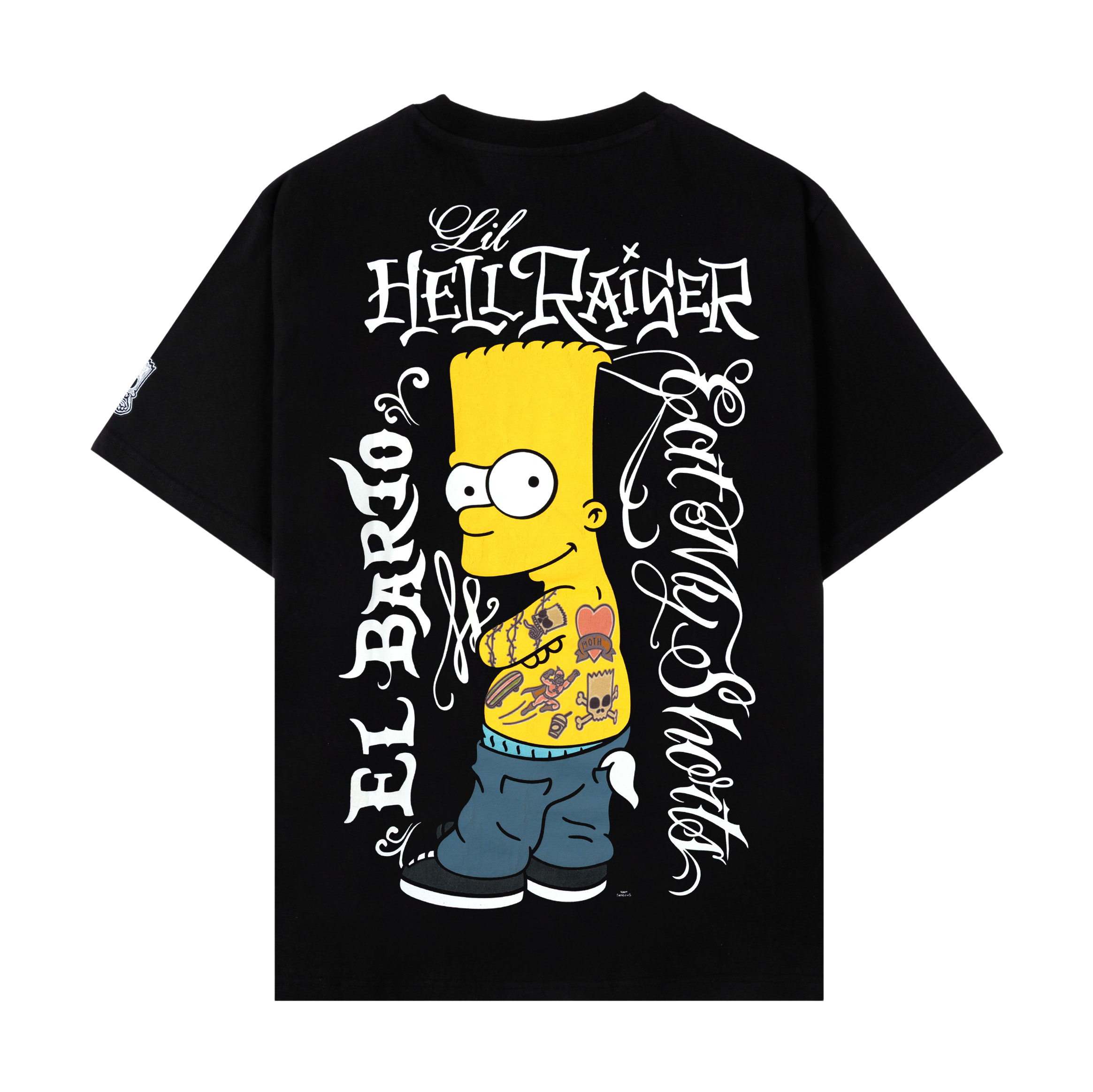 Black t-shirt with yellow graphic design and text on the front.