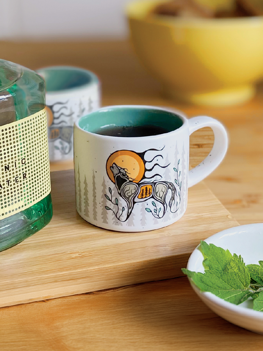 Wolf (Ma'iingan) Ceramic Espresso Mugs by Storm Angeconeb, Lac Seul First Nation, Ojibwe