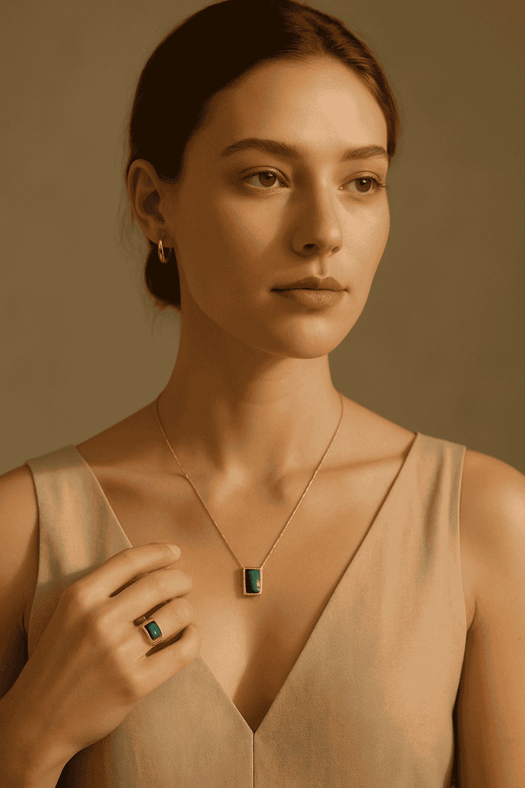 Model wearing emerald birthstone pendant necklace and matching gold ring in elegant neutral-toned fashion portrait