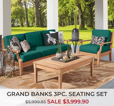 Grand Banks 3-piece seating set with sale price displayed.