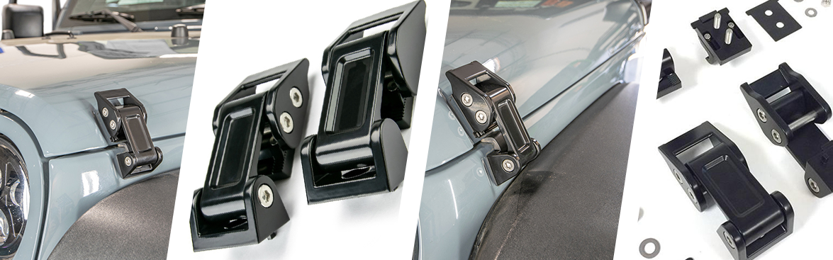 Photo collage of hood clamps for Jeeps. 