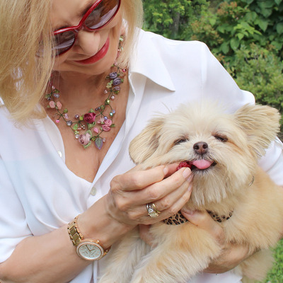 Jane Iredale with dog Cookie