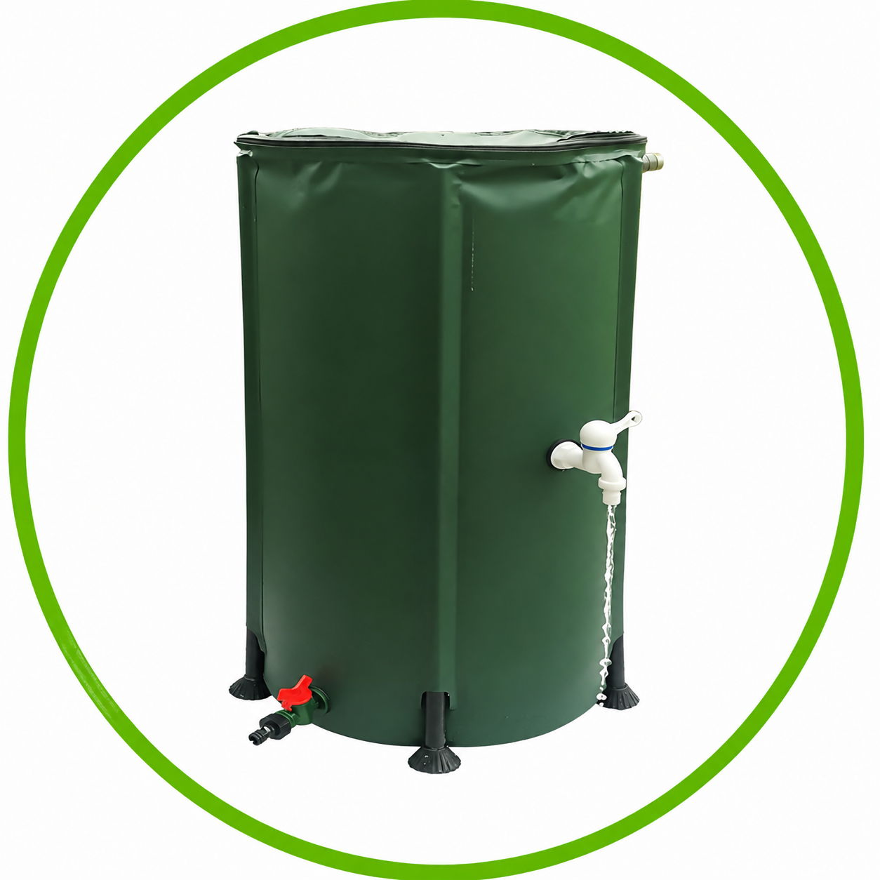 Green cylindrical water storage tank with pipes and valves.