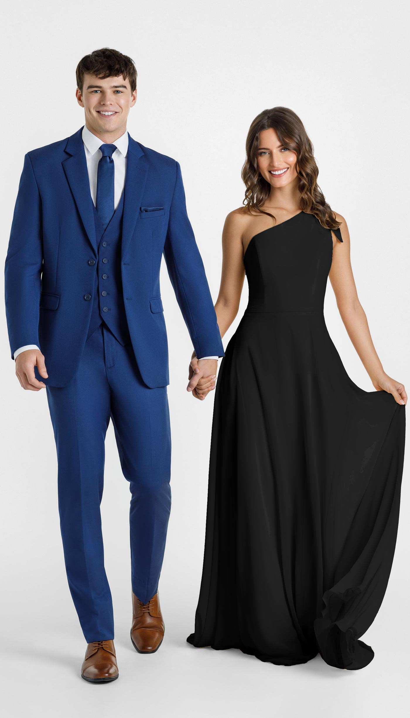 indigo suit with black bridesmaids dress