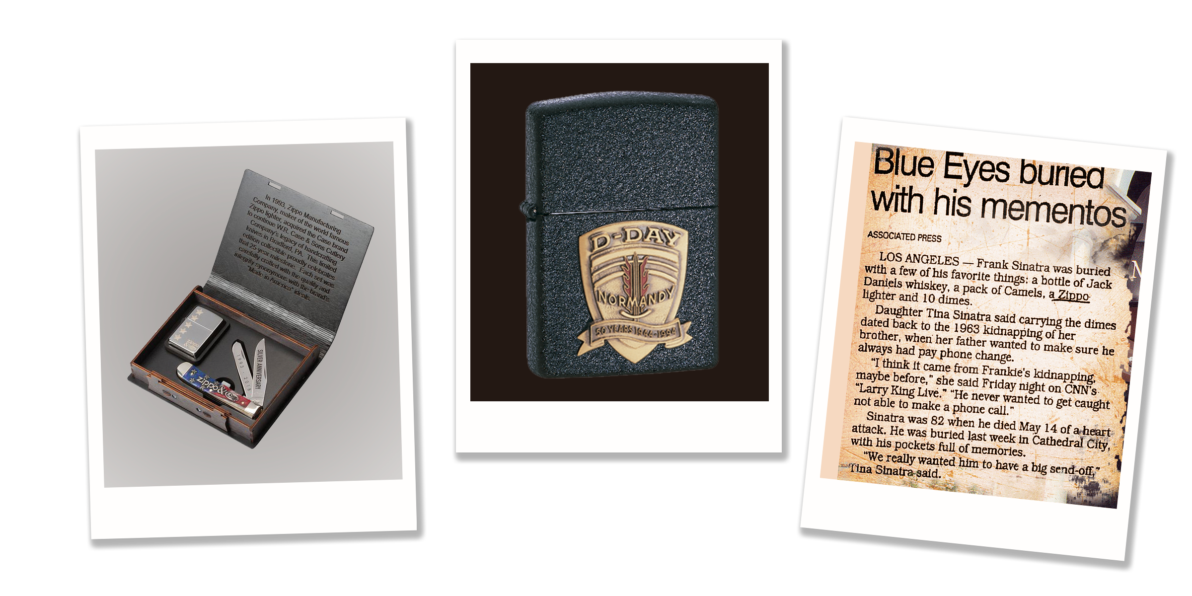 Zippo + Case knife set, D-Day 50th Anniversary Commemorative lighter, LA Times article about Frank Sinatra's burial.