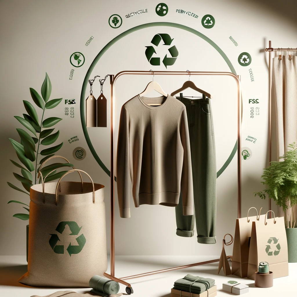 An image visualising sustainable fashion with heavy use of the recycling symbol, representing circularity.