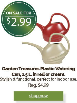Garden Treasures Plastic Watering Can, 1.5 L. in red or cream. | shop now.
