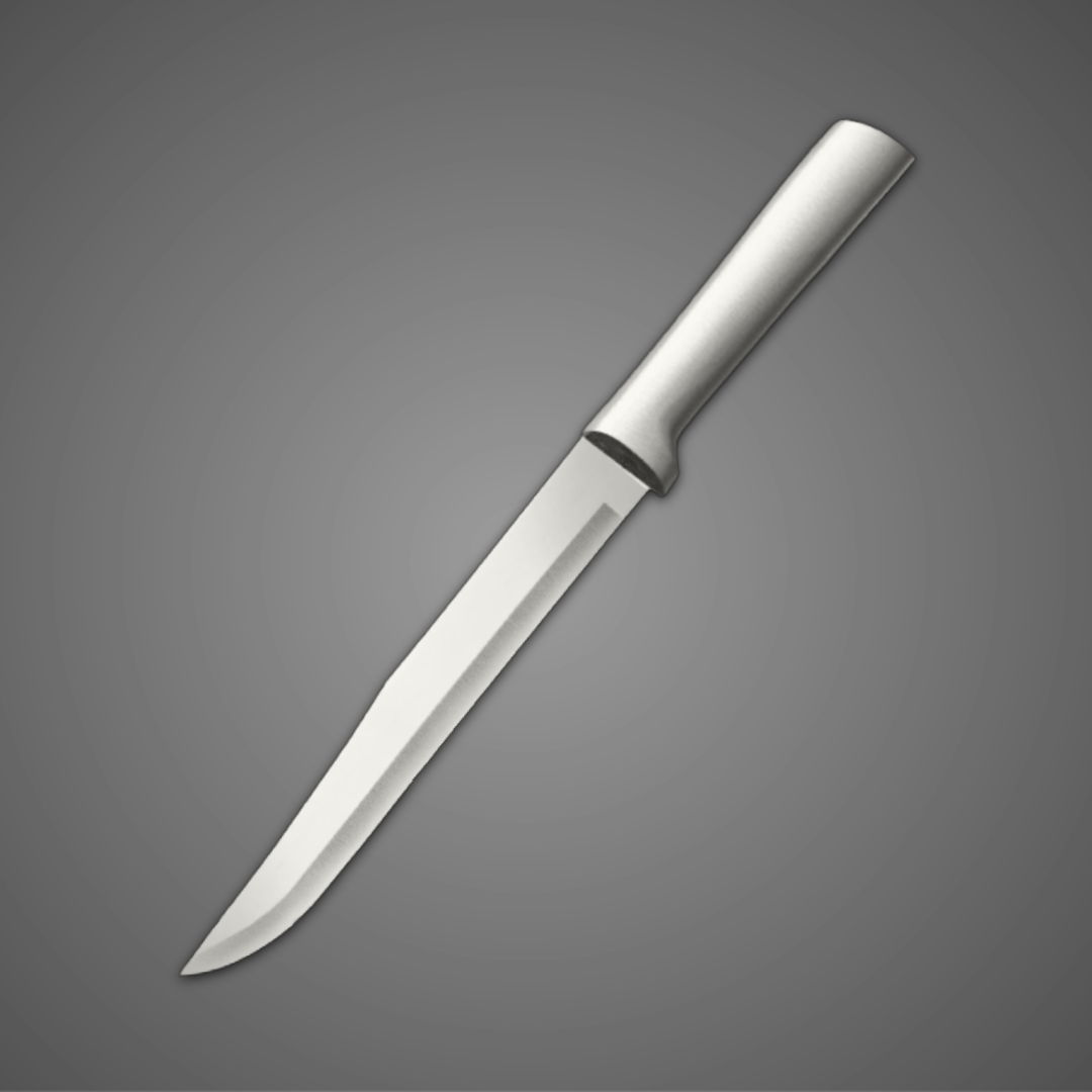 A silver kitchen knife on a gray background.