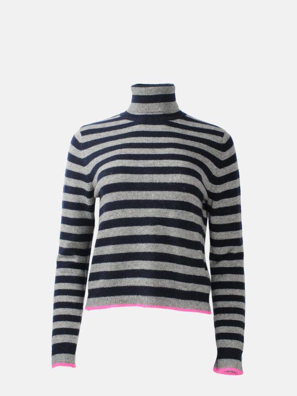 Product image of a Jumper 1234 Little Stripe Roll Collar jumper with long sleeves, navy blue and grey stripes and a hot pink detail on the edge of the hum and cuffs.
