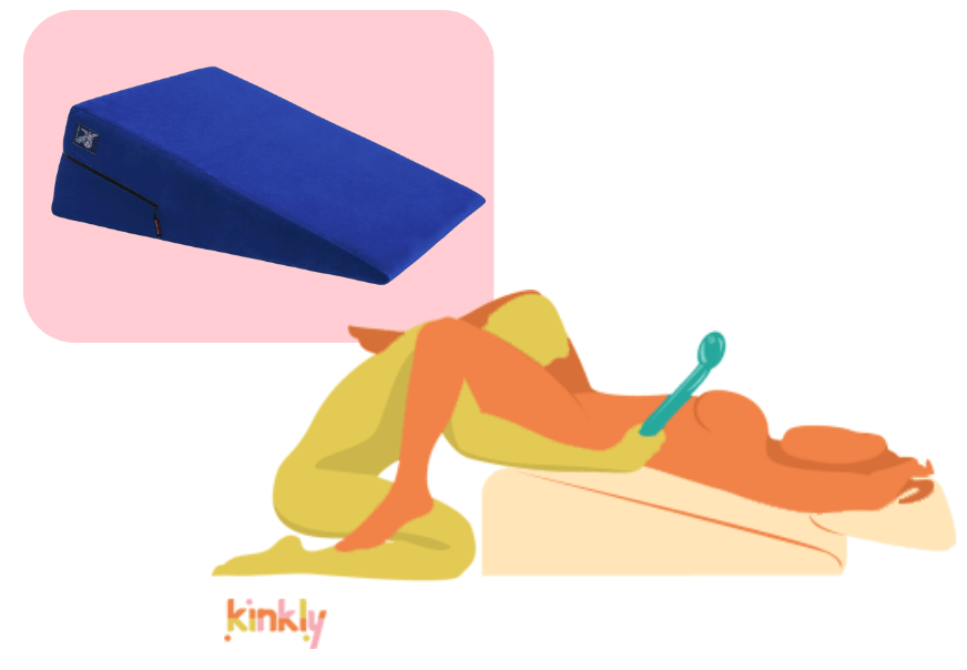Liberator Ramp photo shown next to an illustrated Elevated Oral position image. The receiving partner is laying, flat on their back, on the Ramp with their hips at the tallest end of the Ramp. The giving partner is kneeling in front of the tall end of the Ramp, face between the receiver's thighs, to give oral sex. | Kinkly Shop