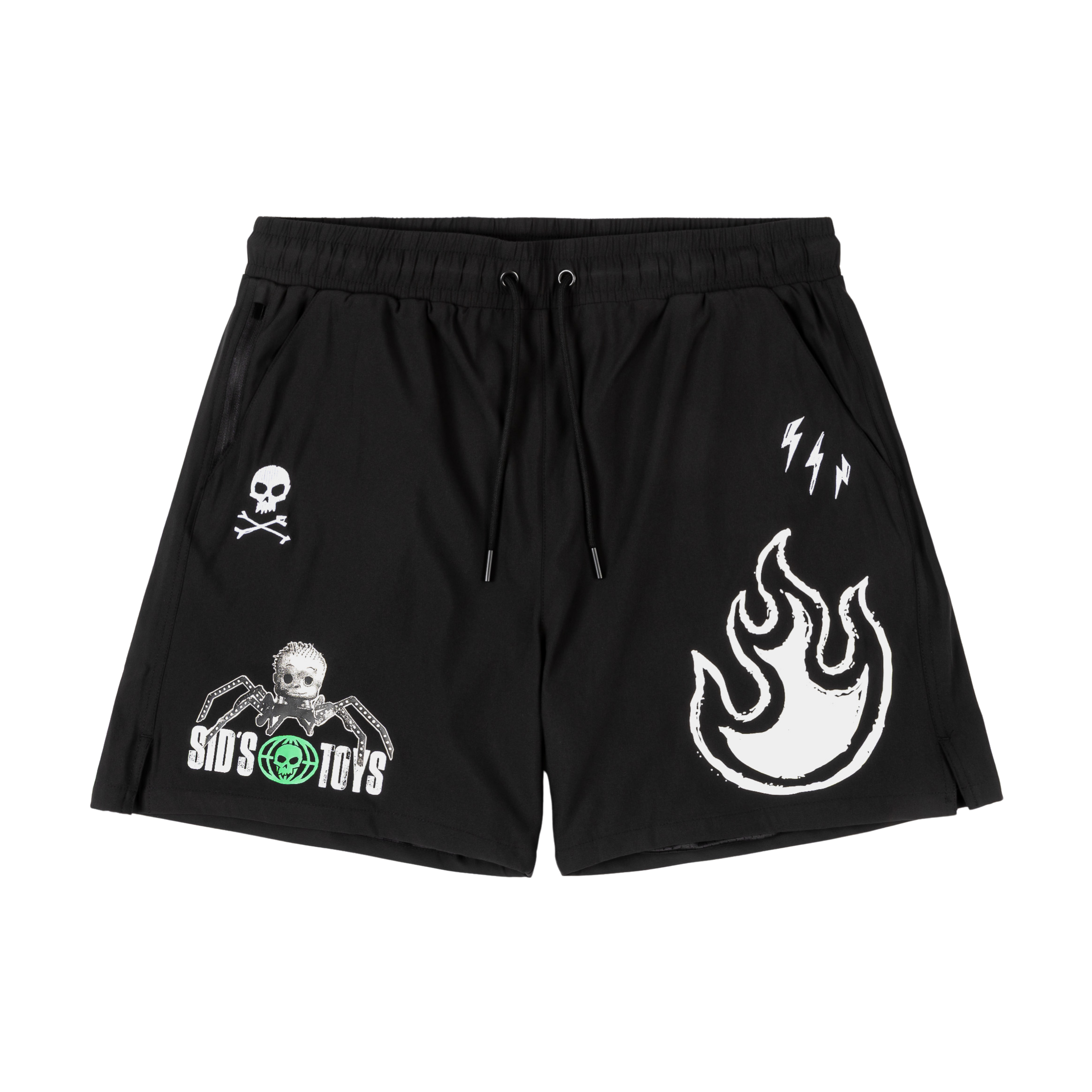 Black shorts with various graphic prints, including flames and skulls.