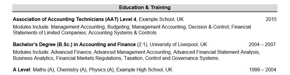 Education section on accountant's CV