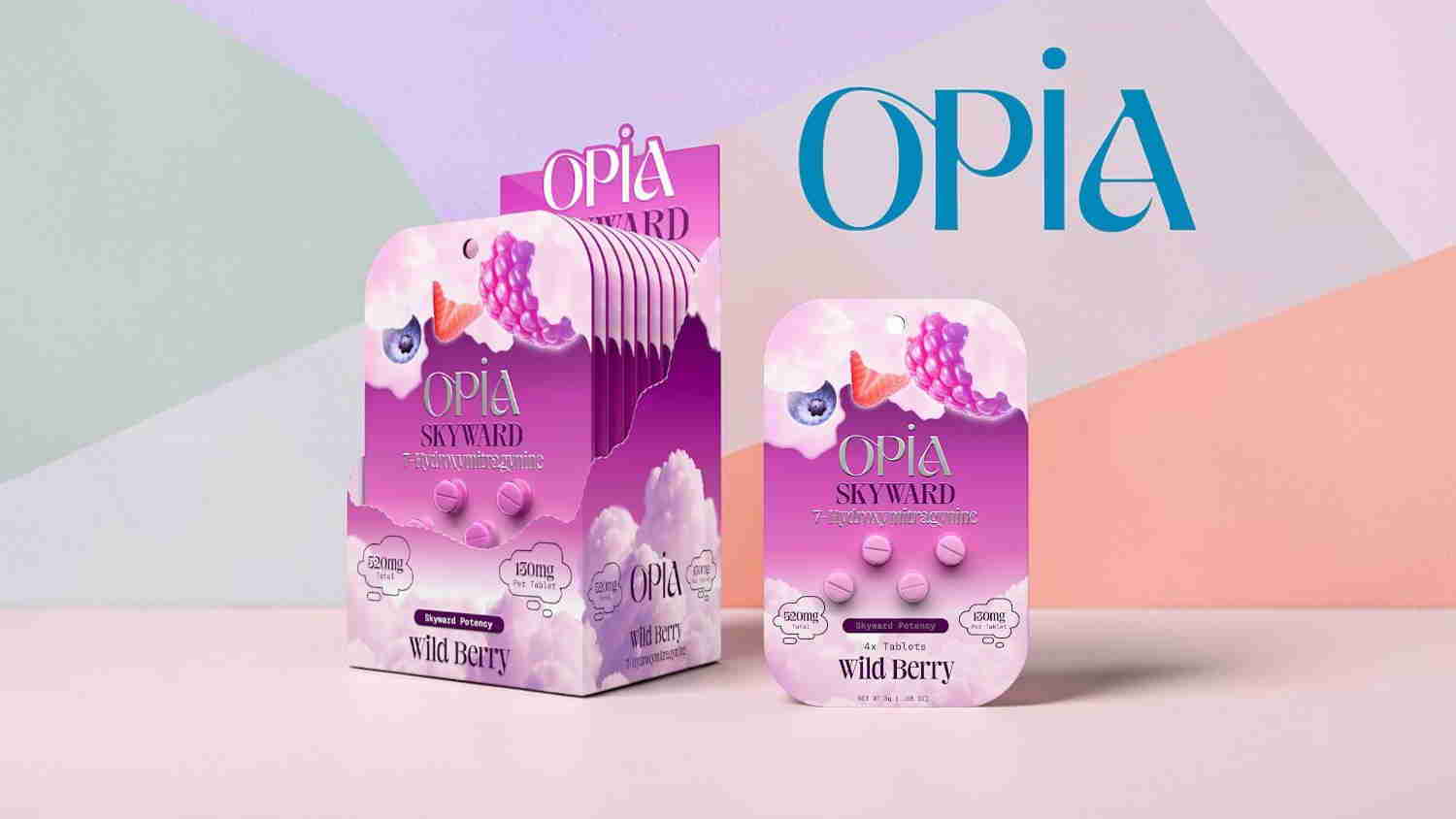 Packaging of Opia products against a colorful background.