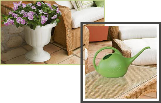 A white classic urn and green half gallon watering can