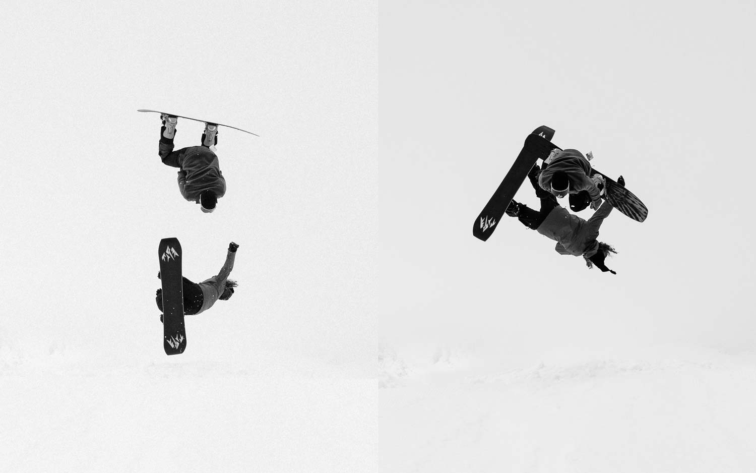 Two snowboarders performing tricks in mid-air against a snowy background.