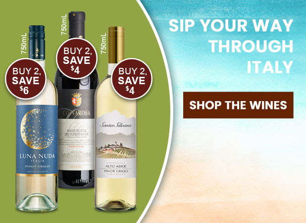 Three wine bottles with promotional text about Italian wines and discounts.