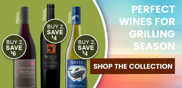 Bottles of wine with promotional text for grilling season. Shop the collection.