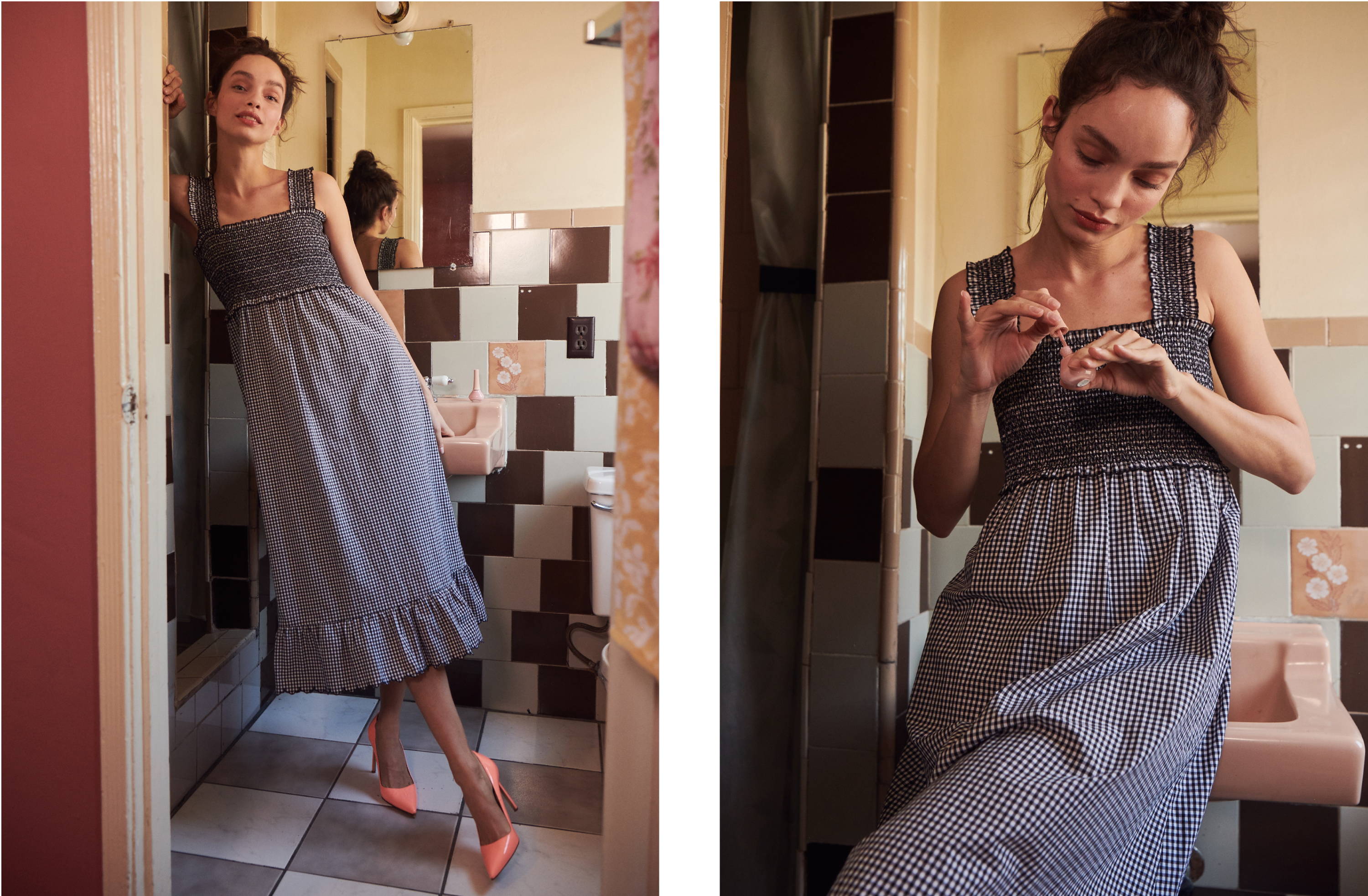 Model in bathroom wearing Rumi dress in black  mini gingham