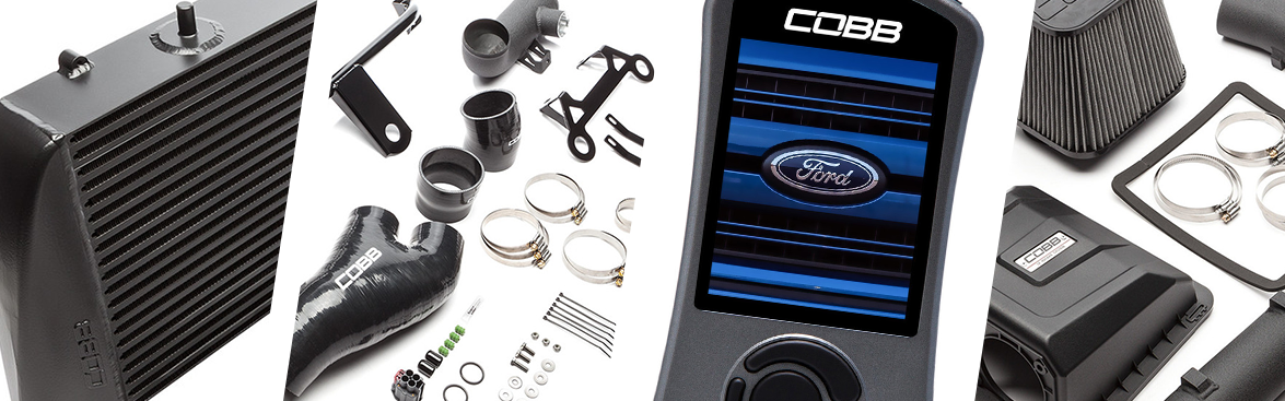 Photo collage of COBB power boosting components for off-road vehicles.