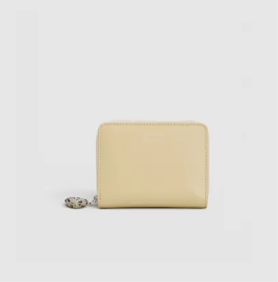 A small yellow wallet with a zipper and keychain.