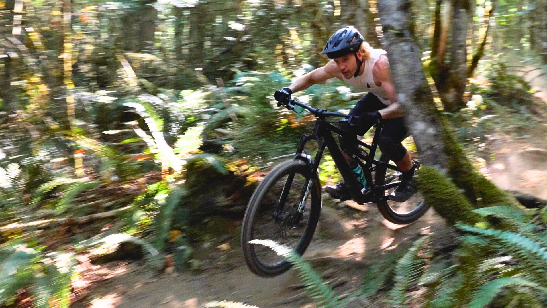 mountain biker riding stumpjumper evo down singletrack trail with a rockshox vivid ultimate rear shock
