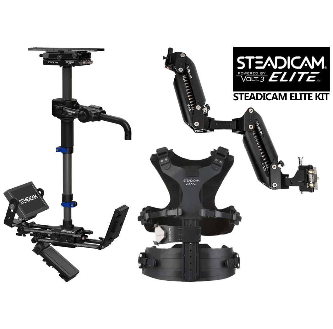 Steadicam Elite kit components including stabilizer and arm system.