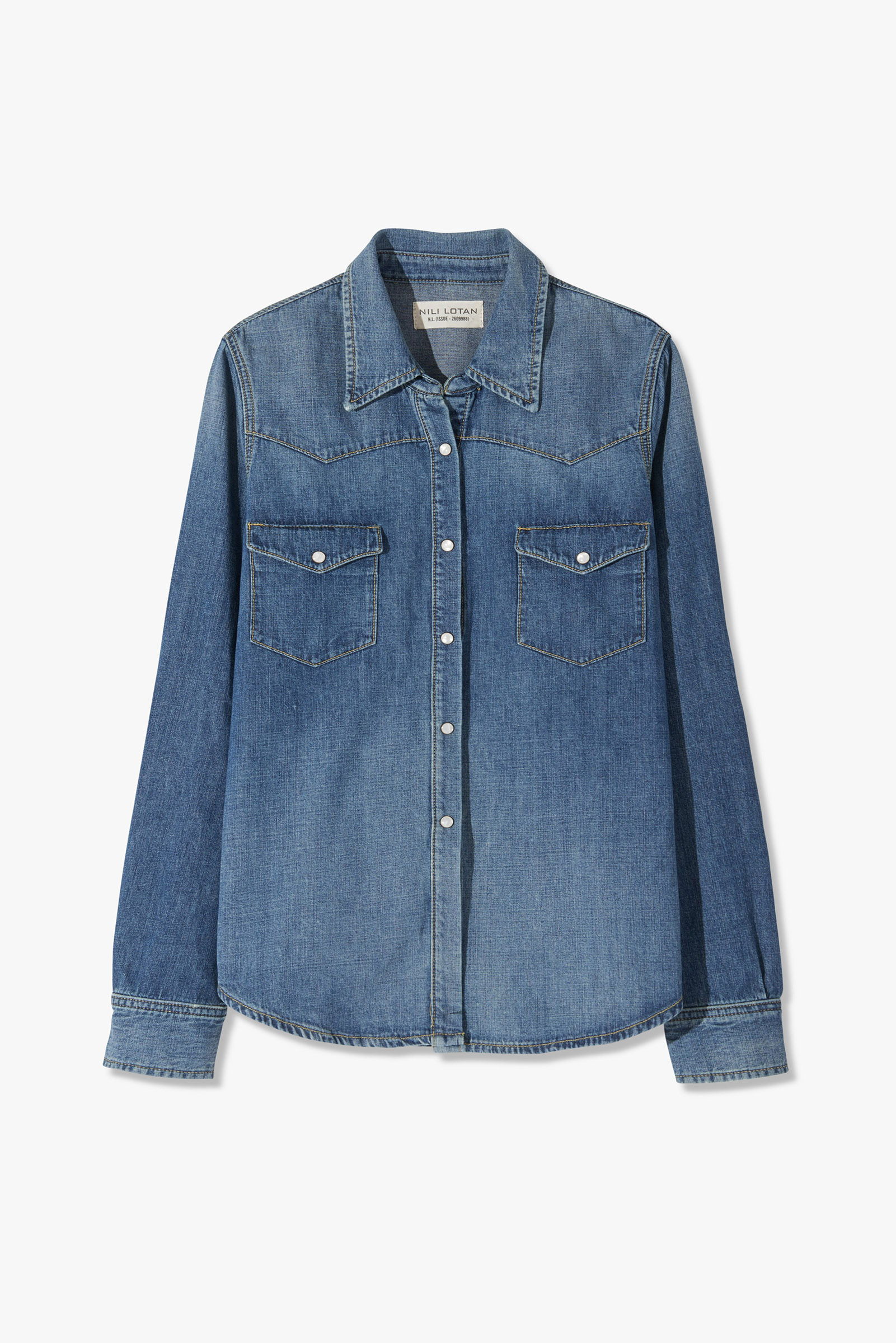 Denim shirt with two chest pockets and button-down front.