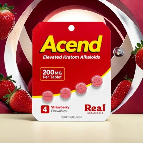 Acend elevated kava tablets in strawberry flavor, packaging displayed on a colorful background.