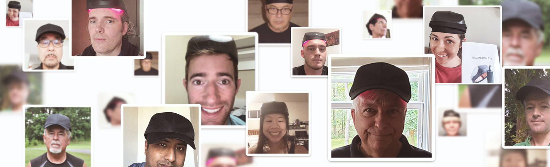 Selfie collage of illumiflow affiliates  smiling while wearing their laser caps