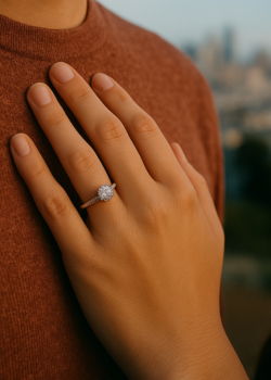 Close-up of an engagement ring on a woman’s hand resting on her partner’s shoulder.
