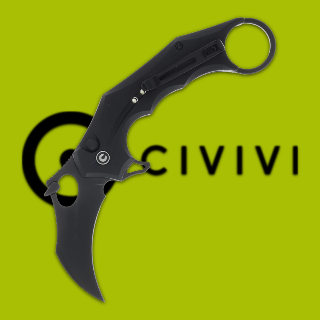 Black curved knife on a green background with the CIVIVI logo.