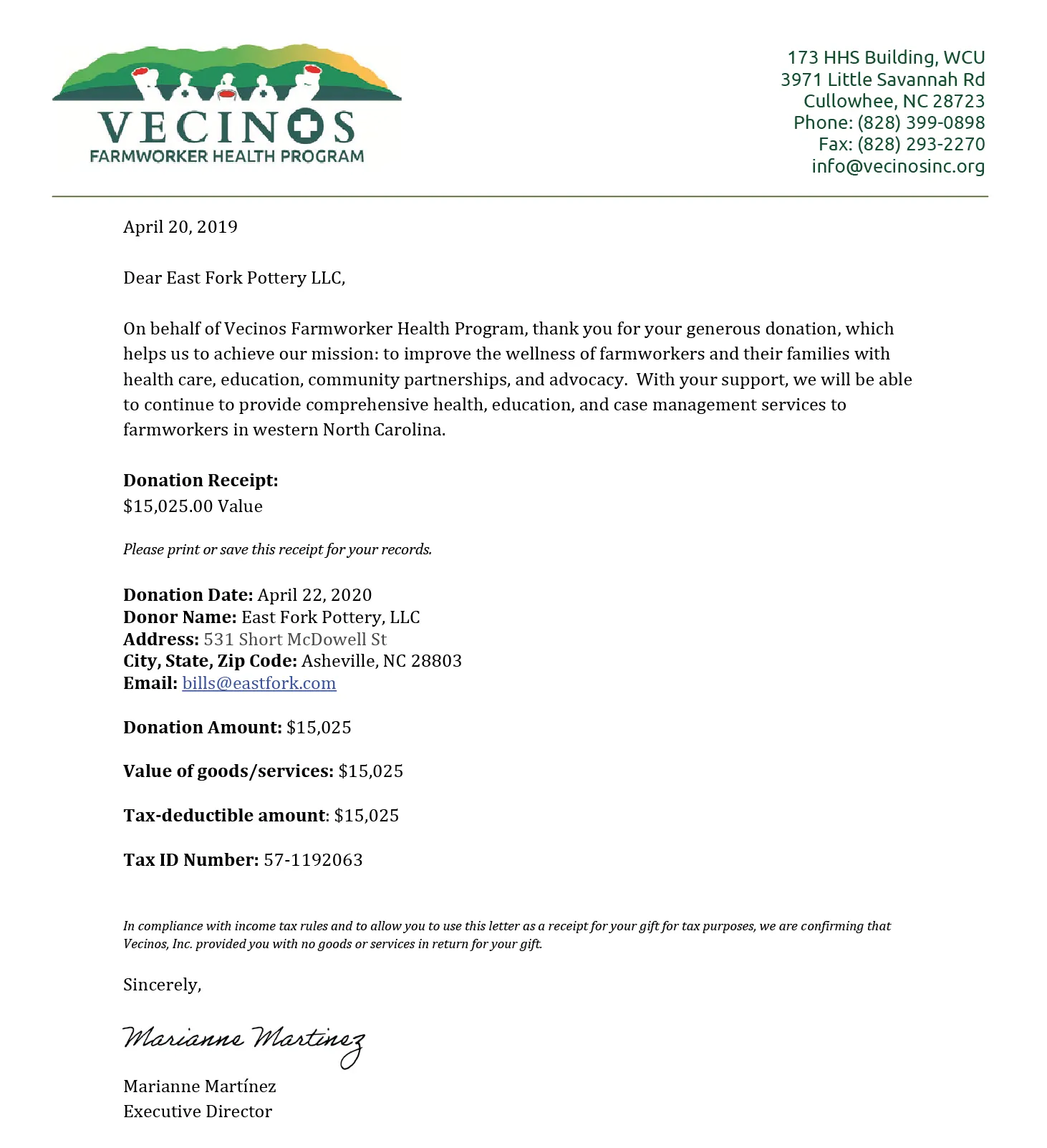 Vecinos Donation from East Fork